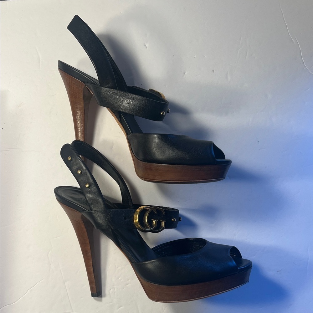 GUCCI GG Running Black Leather Platform Heels wood platform stacked heel sz 39.5 - Picture 5 of 16